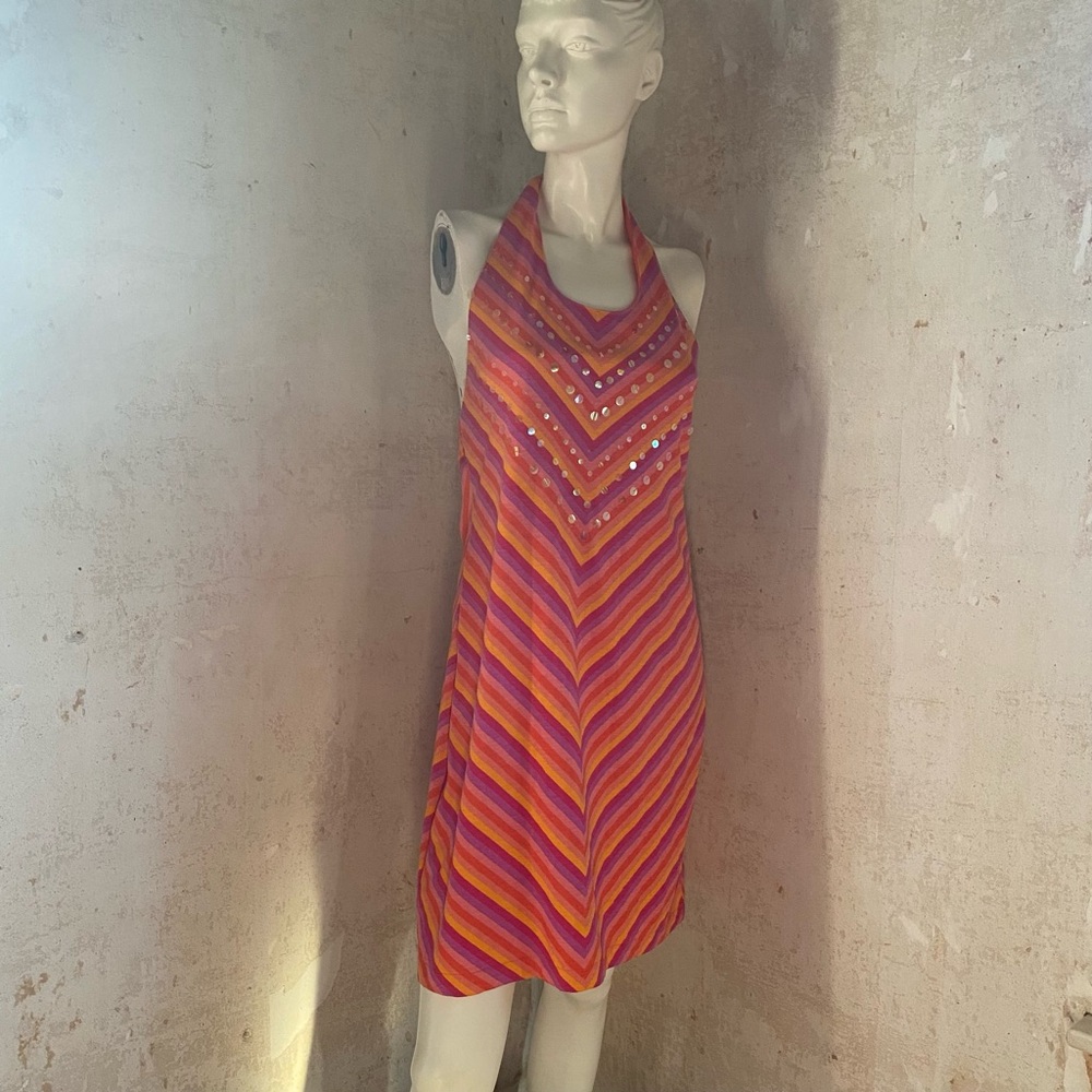 Halter Sequin Dress Orange Purple Peach Gold Tie - Picture 11 of 11